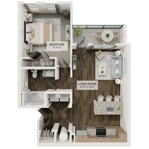 Floor plan for 1 bed, 1 bath, 761 sqft